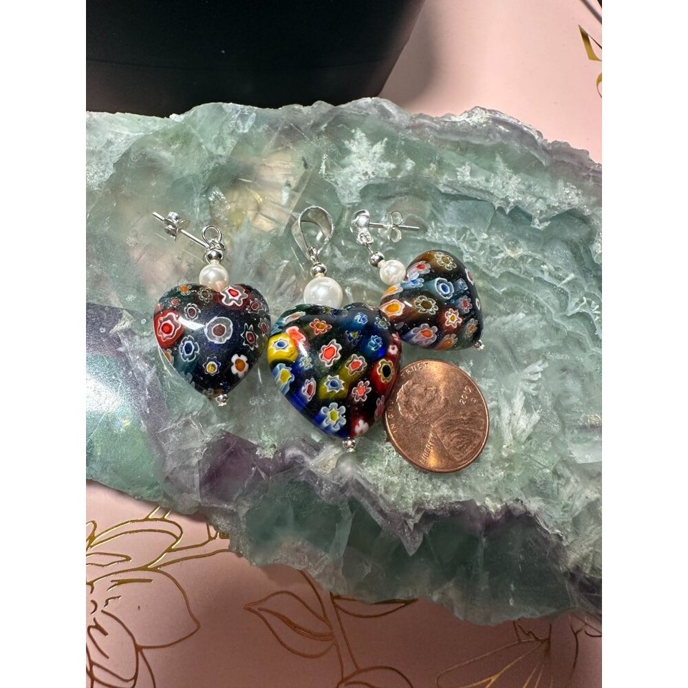 Italian Art Glass Millefiori, Sterling and Pearl Pendant and Earrings set